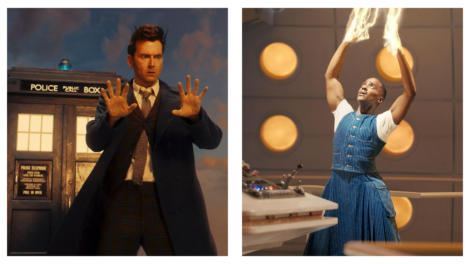 Two side-by-side promotional images from Doctor Who. On the left, the Fourteenth Doctor David Tennant stands shocked outside the TARDIS. On the right, the Fifteenth Doctor Ncuti Gatwa looks upward inside the TARDIS console room as golden regeneration energy crackles from his hands.
