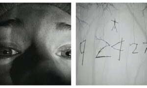 A side-by-side black and white image combining the iconic, close-up camcorder shot of a terrified woman's eyes and nose from *The Blair Witch Project* on the left, and stick figures hanging from trees against a foggy background that form the numbers "92427" on the right.