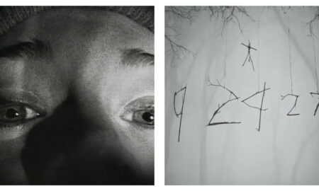 A side-by-side black and white image combining the iconic, close-up camcorder shot of a terrified woman's eyes and nose from *The Blair Witch Project* on the left, and stick figures hanging from trees against a foggy background that form the numbers "92427" on the right.