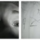 A side-by-side black and white image combining the iconic, close-up camcorder shot of a terrified woman's eyes and nose from *The Blair Witch Project* on the left, and stick figures hanging from trees against a foggy background that form the numbers "92427" on the right.