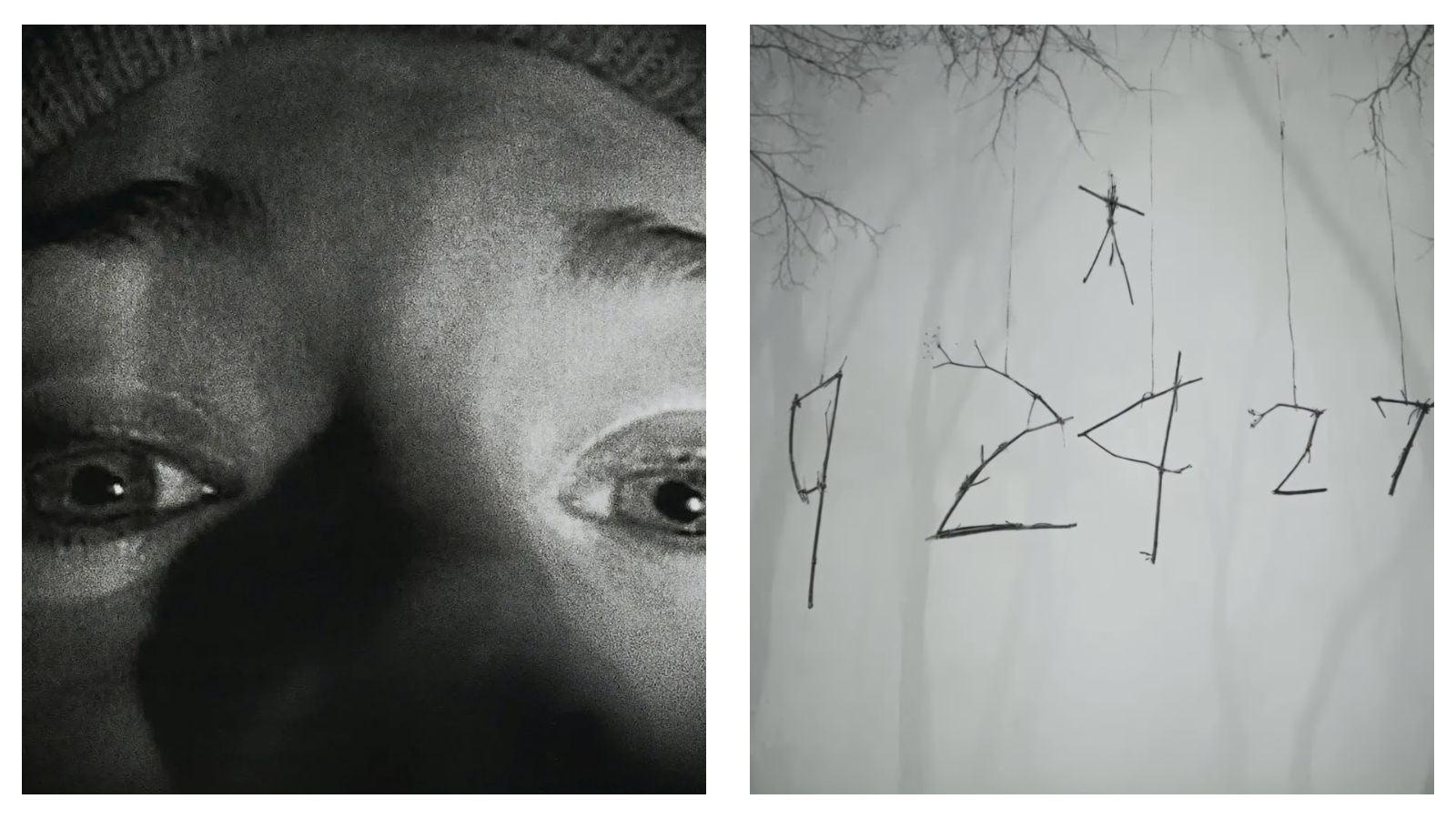 A side-by-side black and white image combining the iconic, close-up camcorder shot of a terrified woman's eyes and nose from *The Blair Witch Project* on the left, and stick figures hanging from trees against a foggy background that form the numbers "92427" on the right.