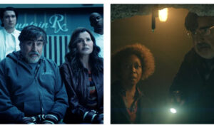 Split-screen still from Netflix show The Boroughs. Left panel: a man and a woman looking up anxiously while restrained by wrist cuffs in a room with the text "untain Rx" behind them. Right panel: a man with glasses shining a torch alongside a woman looking on fearfully in a dark, cave-like setting.