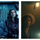Split-screen still from Netflix show The Boroughs. Left panel: a man and a woman looking up anxiously while restrained by wrist cuffs in a room with the text "untain Rx" behind them. Right panel: a man with glasses shining a torch alongside a woman looking on fearfully in a dark, cave-like setting.