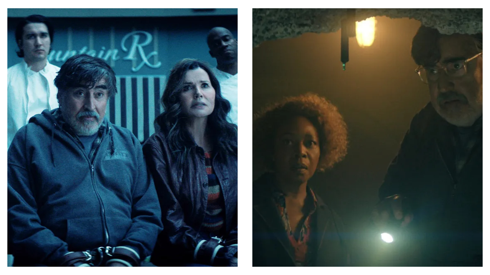 Split-screen still from Netflix show The Boroughs. Left panel: a man and a woman looking up anxiously while restrained by wrist cuffs in a room with the text "untain Rx" behind them. Right panel: a man with glasses shining a torch alongside a woman looking on fearfully in a dark, cave-like setting.