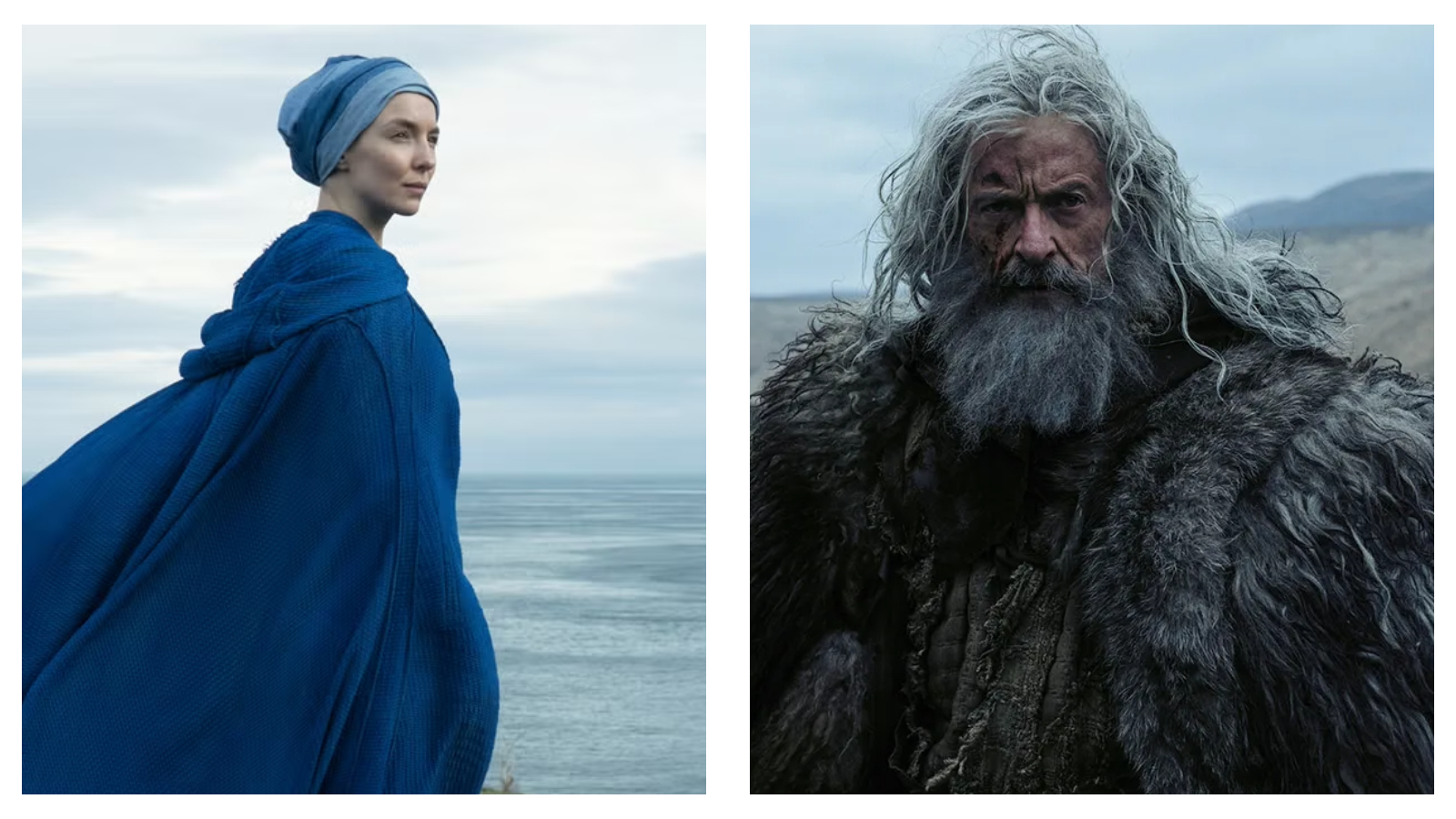 A side-by-side composite from the film 'The Death of Robin Hood'. On the left, Jodie Comer stands in profile wearing a vibrant blue hooded cloak and matching head covering, gazing out over a grey, overcast sea. On the right, a tight close-up reveals Hugh Jackman as a weathered Robin Hood with long, dishevelled grey hair, a thick beard, and facial scars, staring forward in a rugged fur cloak.