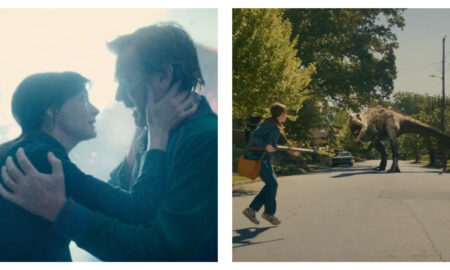 Two stills from the action adventure film, The End of Oak Street, on the left Anne Hathaway and Ewan McGregor's characters embrace amid a brightly lit backdrop, on the right Hathaway runs down a suburb with a dinosaur in pursuit.