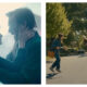 Two stills from the action adventure film, The End of Oak Street, on the left Anne Hathaway and Ewan McGregor's characters embrace amid a brightly lit backdrop, on the right Hathaway runs down a suburb with a dinosaur in pursuit.