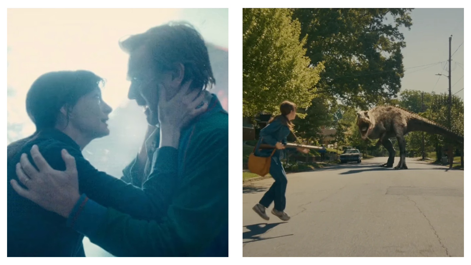 Two stills from the action adventure film, The End of Oak Street, on the left Anne Hathaway and Ewan McGregor's characters embrace amid a brightly lit backdrop, on the right Hathaway runs down a suburb with a dinosaur in pursuit.