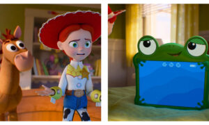 A side-by-side split image from Toy Story 5 showing a worried Jessie the cowgirl doll and Bullseye the horse on the left, looking across at a green, frog-shaped tablet computer resting on a bed on the right.