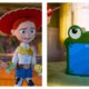 A side-by-side split image from Toy Story 5 showing a worried Jessie the cowgirl doll and Bullseye the horse on the left, looking across at a green, frog-shaped tablet computer resting on a bed on the right.