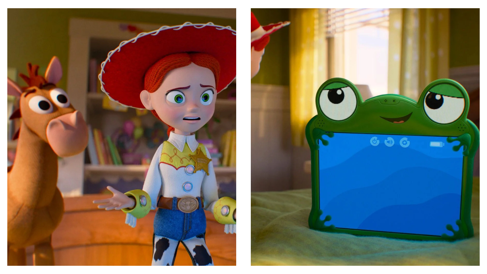 A side-by-side split image from Toy Story 5 showing a worried Jessie the cowgirl doll and Bullseye the horse on the left, looking across at a green, frog-shaped tablet computer resting on a bed on the right.