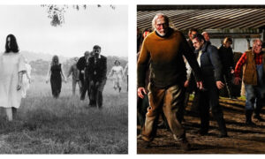Two side-by-side film stills contrasting different eras of George A. Romero's zombie cinema. On the left, a black-and-white scene from Night of the Living Dead depicts several vacant-looking zombies in civilian clothing walking slowly through a grassy field under a bright, overcast sky. On the right, a high-contrast, full-colour scene from Survival of the Dead shows a group of menacing, blood-stained zombies walking down a dark, muddy path at night.