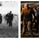 Two side-by-side film stills contrasting different eras of George A. Romero's zombie cinema. On the left, a black-and-white scene from Night of the Living Dead depicts several vacant-looking zombies in civilian clothing walking slowly through a grassy field under a bright, overcast sky. On the right, a high-contrast, full-colour scene from Survival of the Dead shows a group of menacing, blood-stained zombies walking down a dark, muddy path at night.