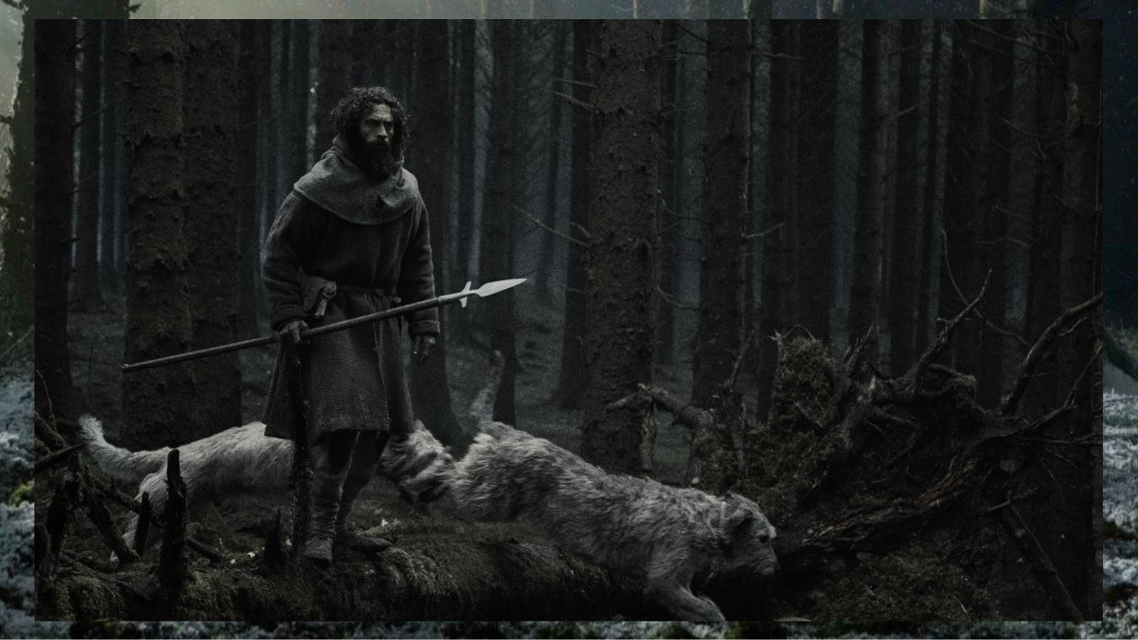 Aaron Taylor-Johnson, portraying a bearded medieval farmer in a dark period clothing, stands on a mossy log holding a long spear in a dense, desaturated forest alongside shaggy grey hunting dogs in Werwulf.