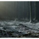 A dark, atmospheric pine forest floor lightly covered in frost and snow under a moody, directional light beam filtered through falling snow or mist. Dark tree trunks frame the clearing, creating an eerie, cinematic winter landscape.