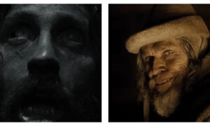 Two side-by-side film stills from the Werwulf trailer, contrasting a grim, low-angle close-up of Aaron Taylor-Johnson’s weathered face in monochrome with a dimly lit, warm-toned close-up of a bearded Willem Dafoe wearing a hat and smiling subtly.