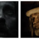 Two side-by-side film stills from the Werwulf trailer, contrasting a grim, low-angle close-up of Aaron Taylor-Johnson’s weathered face in monochrome with a dimly lit, warm-toned close-up of a bearded Willem Dafoe wearing a hat and smiling subtly.