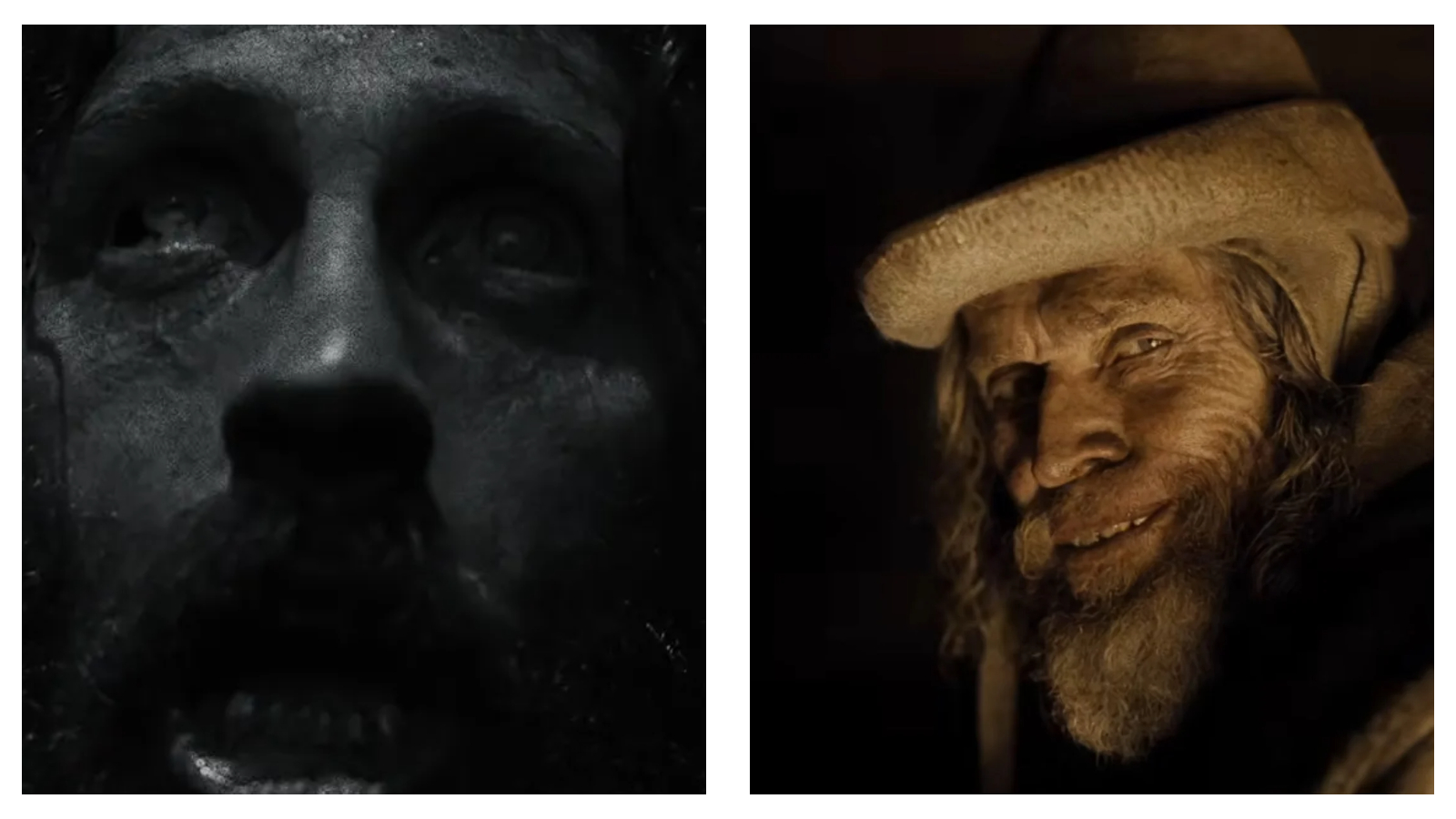 Two side-by-side film stills from the Werwulf trailer, contrasting a grim, low-angle close-up of Aaron Taylor-Johnson’s weathered face in monochrome with a dimly lit, warm-toned close-up of a bearded Willem Dafoe wearing a hat and smiling subtly.