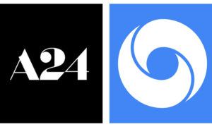Side-by-side corporate logos featuring the stark white text "A24" on a solid black square on the left, next to the Google DeepMind logo—a white, swirling circular camera shutter shape—on a vibrant blue square on the right.
