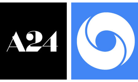 Side-by-side corporate logos featuring the stark white text "A24" on a solid black square on the left, next to the Google DeepMind logo—a white, swirling circular camera shutter shape—on a vibrant blue square on the right.
