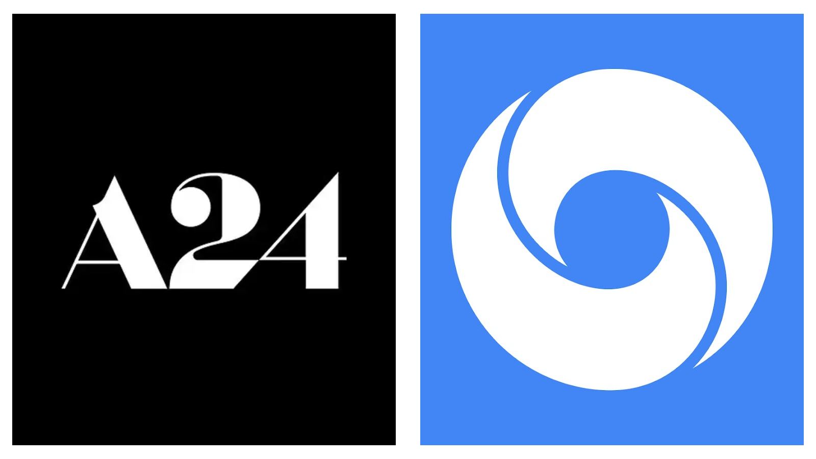 Side-by-side corporate logos featuring the stark white text "A24" on a solid black square on the left, next to the Google DeepMind logo—a white, swirling circular camera shutter shape—on a vibrant blue square on the right.