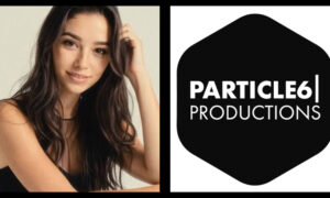 Split graphic featuring a smiling woman with long, wavy brown hair on the left, and a black hexagonal logo on the right containing white text that reads "PARTICLE 6 PRODUCTIONS".