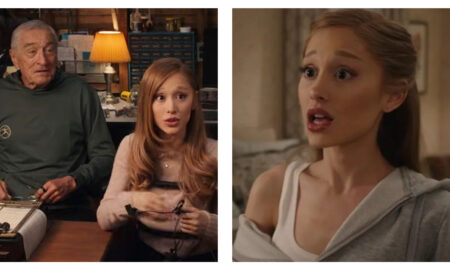 On the left, Ariana Grande in a lie detector scene from Focker In-Law next to Robert De Niro. On the right, a close-up from the same film of Ariana Grande looking shocked in a grey hoodie.