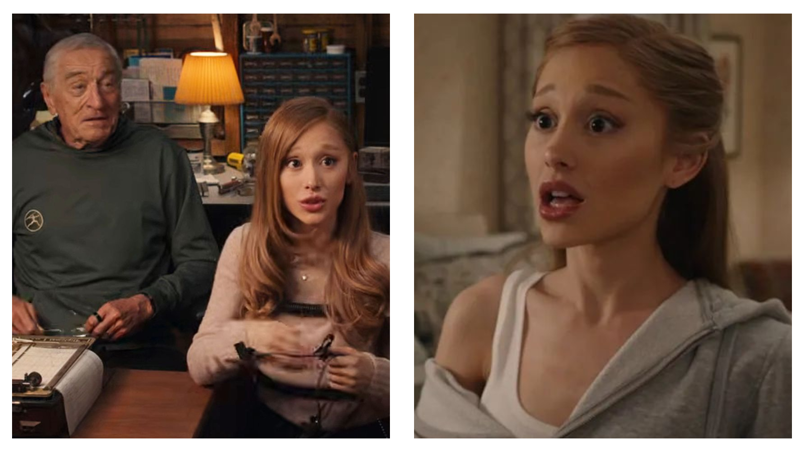 On the left, Ariana Grande in a lie detector scene from Focker In-Law next to Robert De Niro. On the right, a close-up from the same film of Ariana Grande looking shocked in a grey hoodie.