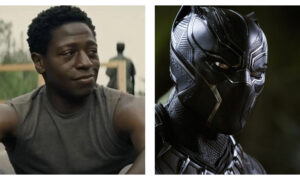 Split graphic featuring David Jonsson in The Long Walk with short hair, facial scars, and a grey sleeveless top smiling slightly on the left, next to a close-up profile of the metallic black suit and helmet of Black Panther on the right.