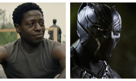 Split graphic featuring David Jonsson in The Long Walk with short hair, facial scars, and a grey sleeveless top smiling slightly on the left, next to a close-up profile of the metallic black suit and helmet of Black Panther on the right.
