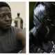 Split graphic featuring David Jonsson in The Long Walk with short hair, facial scars, and a grey sleeveless top smiling slightly on the left, next to a close-up profile of the metallic black suit and helmet of Black Panther on the right.