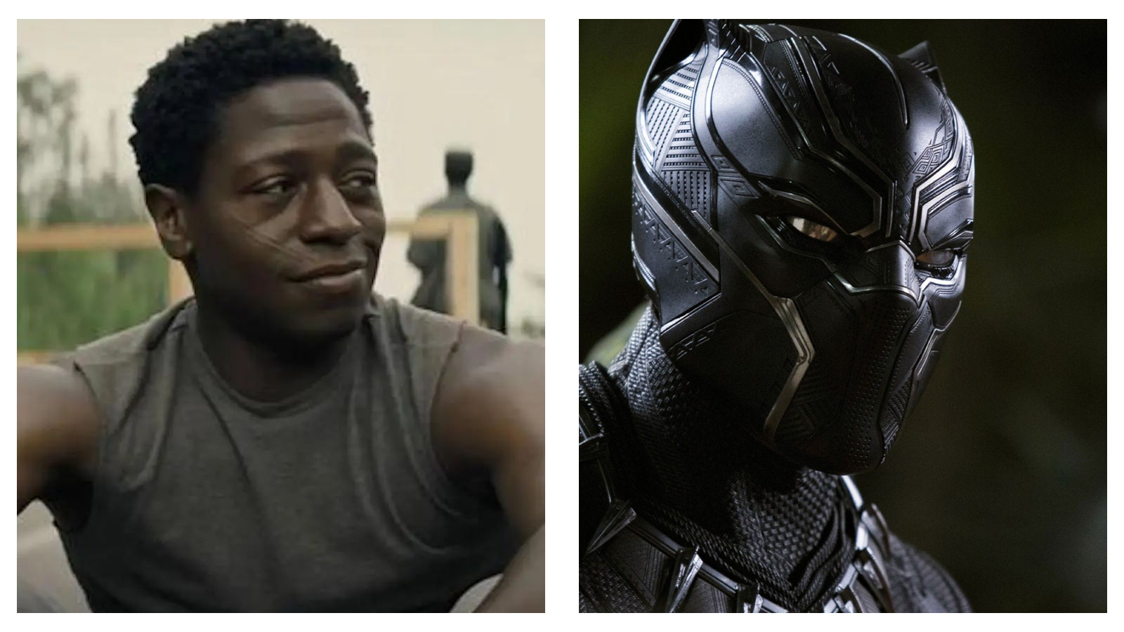 Split graphic featuring David Jonsson in The Long Walk with short hair, facial scars, and a grey sleeveless top smiling slightly on the left, next to a close-up profile of the metallic black suit and helmet of Black Panther on the right.