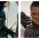 A side-by-side comparison of two film stills from book adaptations. On the left, Benny Safdie’s Agamemnon from The Odyssey wears a dark, ornate Greek-style hoplite helmet with a crest and a black cloak fastened by gold lion emblems. On the right, a close-up of Zendaya’s Chani from Dune: Part Three with bright blue eyes, sports a serious expression, a facial scar, and a nose tube, wearing brown desert gear against a sandy backdrop.