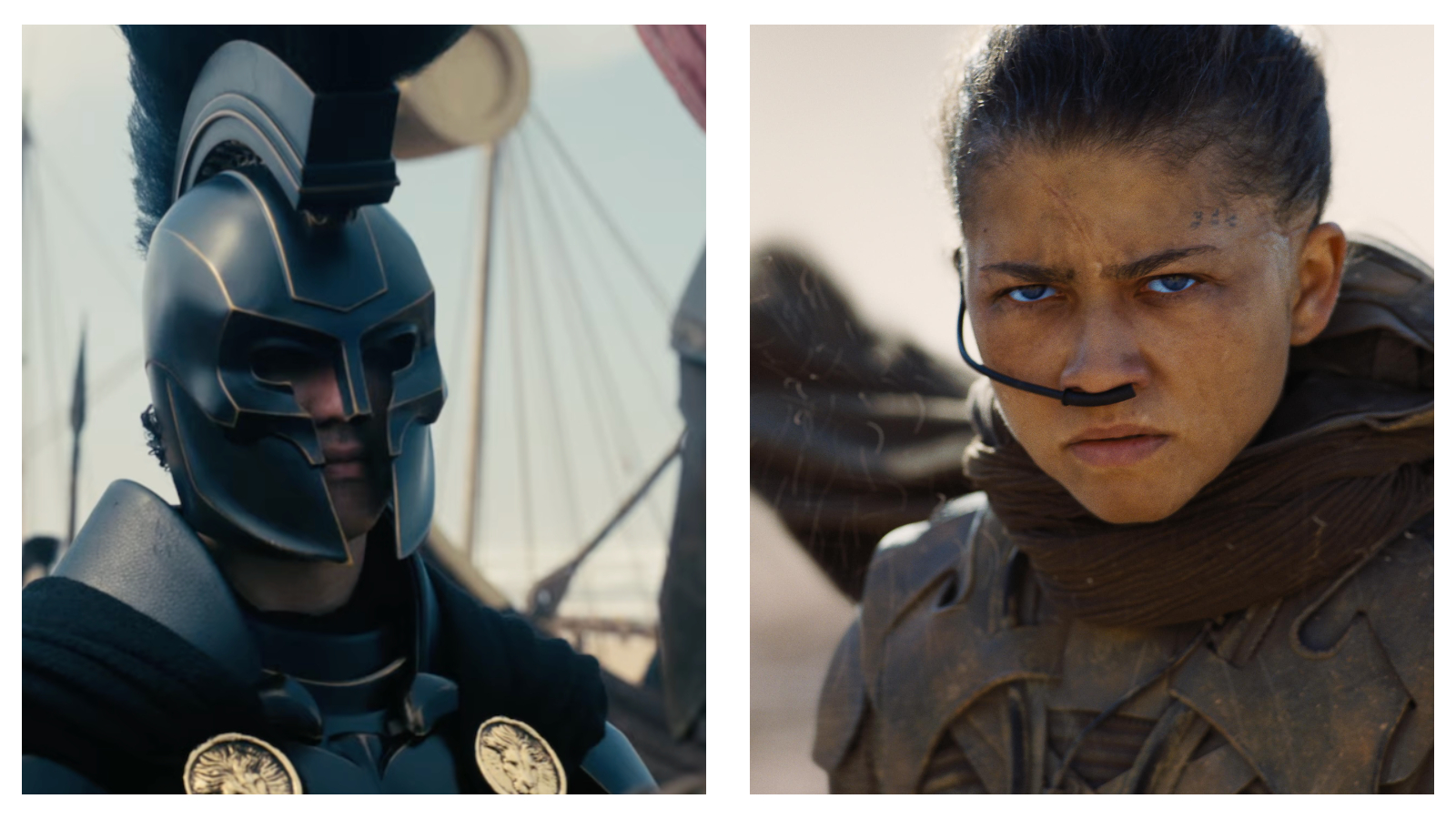 A side-by-side comparison of two film stills from book adaptations. On the left, Benny Safdie’s Agamemnon from The Odyssey wears a dark, ornate Greek-style hoplite helmet with a crest and a black cloak fastened by gold lion emblems. On the right, a close-up of Zendaya’s Chani from Dune: Part Three with bright blue eyes, sports a serious expression, a facial scar, and a nose tube, wearing brown desert gear against a sandy backdrop.