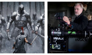 A side-by-side image. On the left, a lone Matt Damon as Odysseus in a red-crested helmet faces an army of giant, heavily armoured metallic figures in a snowy forest. On the right, director Christopher Nolan stands behind a large, professional camera labelled "IMAX", adjusting equipment on a dimly lit film set.