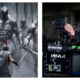 A side-by-side image. On the left, a lone Matt Damon as Odysseus in a red-crested helmet faces an army of giant, heavily armoured metallic figures in a snowy forest. On the right, director Christopher Nolan stands behind a large, professional camera labelled "IMAX", adjusting equipment on a dimly lit film set.