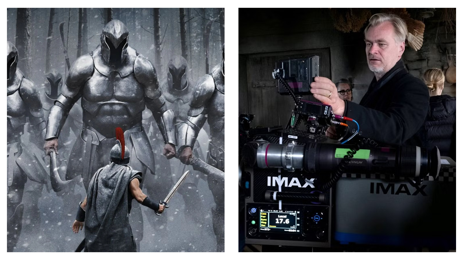 A side-by-side image. On the left, a lone Matt Damon as Odysseus in a red-crested helmet faces an army of giant, heavily armoured metallic figures in a snowy forest. On the right, director Christopher Nolan stands behind a large, professional camera labelled "IMAX", adjusting equipment on a dimly lit film set.