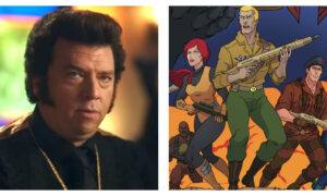 Split-screen with Danny McBride in close-up in The Righteous Gemstones, and an action shot of four illustrated G.I. Joe-style cartoon commandos in tactical gear, armed with firearms against a dramatic, fire-filled background.