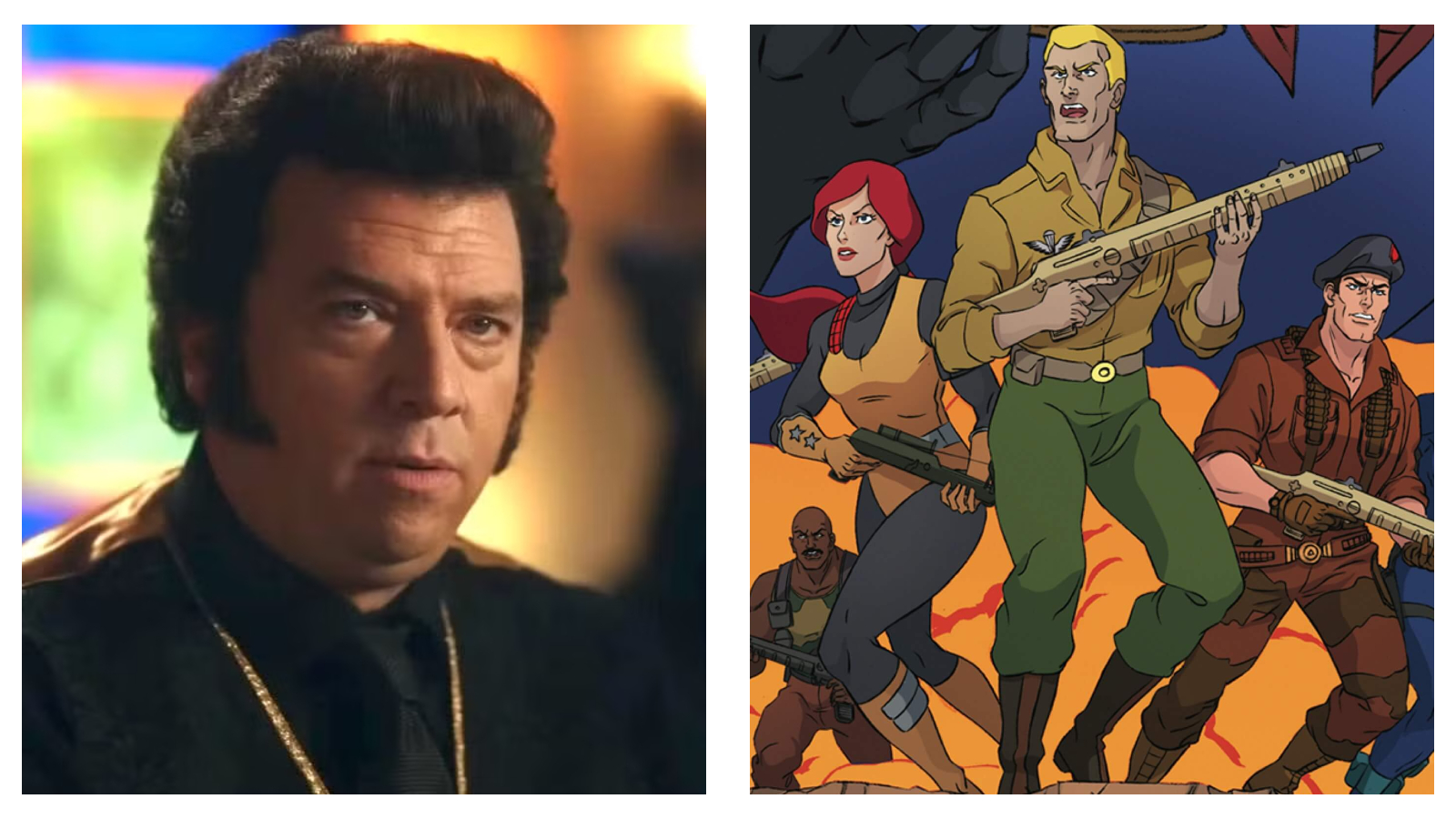 Split-screen with Danny McBride in close-up in The Righteous Gemstones, and an action shot of four illustrated G.I. Joe-style cartoon commandos in tactical gear, armed with firearms against a dramatic, fire-filled background.