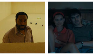 Split-screen comparison of two film stills: Chiwetel Ejiofor in 'Backrooms' looking up anxiously from a floor opening, and actors Inde Navarrette and Michael Johnston in 'Obsession' sitting together in a dim bedroom.