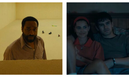 Split-screen comparison of two film stills: Chiwetel Ejiofor in 'Backrooms' looking up anxiously from a floor opening, and actors Inde Navarrette and Michael Johnston in 'Obsession' sitting together in a dim bedroom.