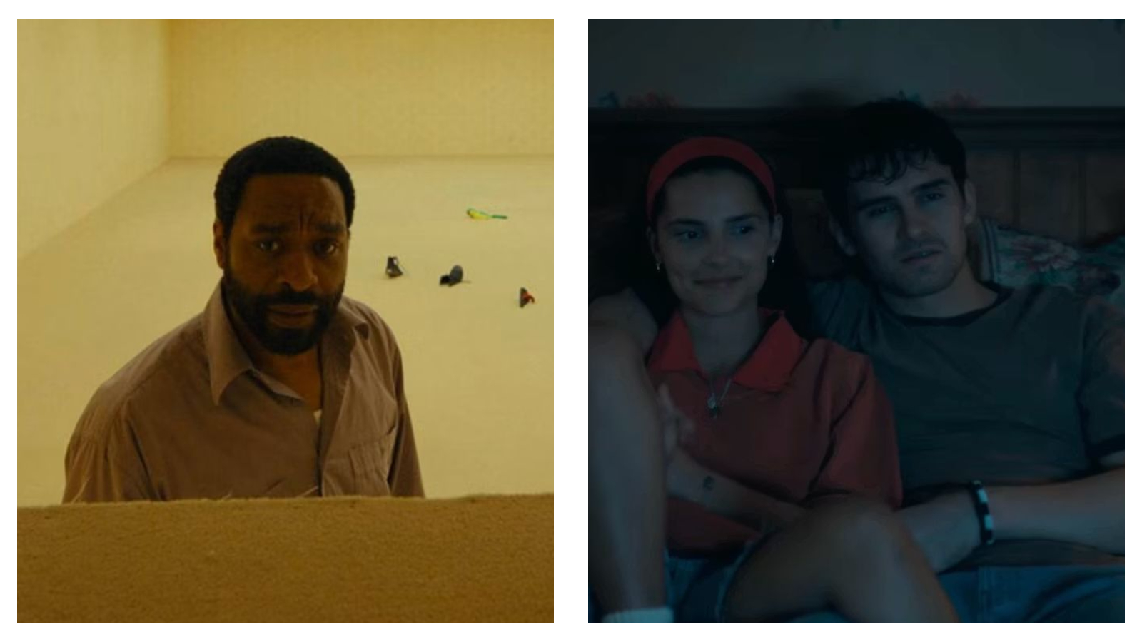 Split-screen comparison of two film stills: Chiwetel Ejiofor in 'Backrooms' looking up anxiously from a floor opening, and actors Inde Navarrette and Michael Johnston in 'Obsession' sitting together in a dim bedroom.
