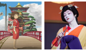 Side-by-side images comparing animated and live-action depictions of Japanese culture. On the left, an anime character in a red uniform stands on a wooden bridge leading to a massive bathhouse. On the right, a close-up shows a stage performer in traditional geisha or kabuki attire with distinctive white face makeup, elaborate hair ornaments, and a yellow and orange kimono.