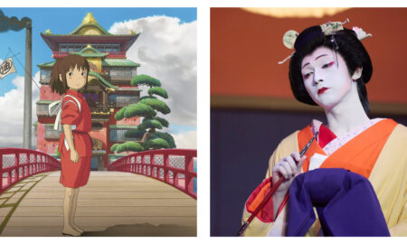 Side-by-side images comparing animated and live-action depictions of Japanese culture. On the left, an anime character in a red uniform stands on a wooden bridge leading to a massive bathhouse. On the right, a close-up shows a stage performer in traditional geisha or kabuki attire with distinctive white face makeup, elaborate hair ornaments, and a yellow and orange kimono.