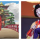 Side-by-side images comparing animated and live-action depictions of Japanese culture. On the left, an anime character in a red uniform stands on a wooden bridge leading to a massive bathhouse. On the right, a close-up shows a stage performer in traditional geisha or kabuki attire with distinctive white face makeup, elaborate hair ornaments, and a yellow and orange kimono.