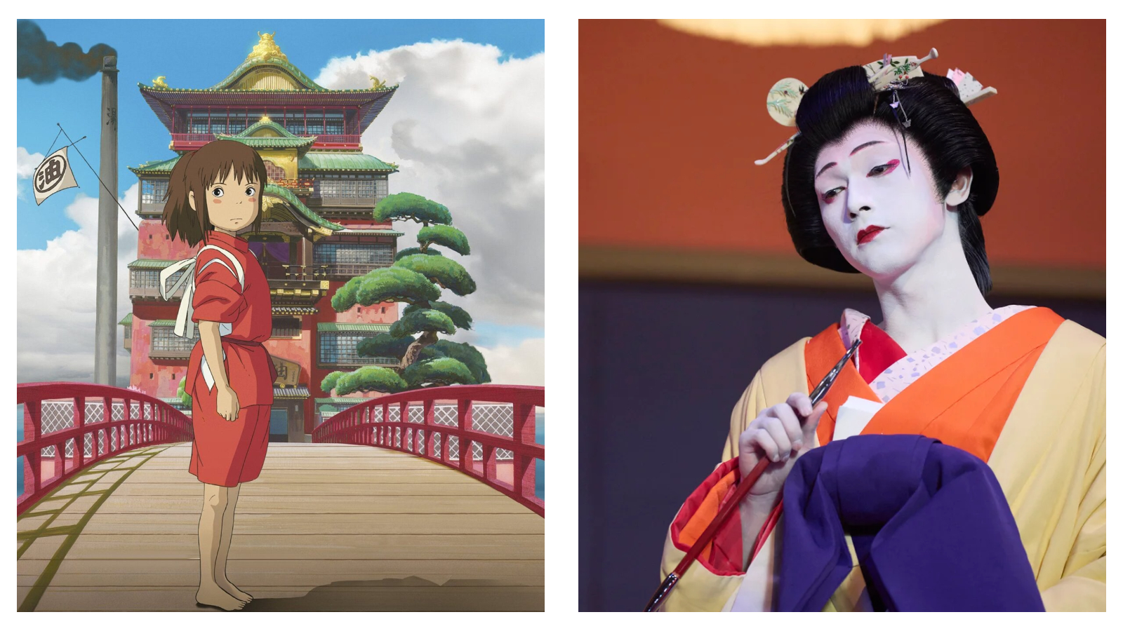 Side-by-side images comparing animated and live-action depictions of Japanese culture. On the left, an anime character in a red uniform stands on a wooden bridge leading to a massive bathhouse. On the right, a close-up shows a stage performer in traditional geisha or kabuki attire with distinctive white face makeup, elaborate hair ornaments, and a yellow and orange kimono.