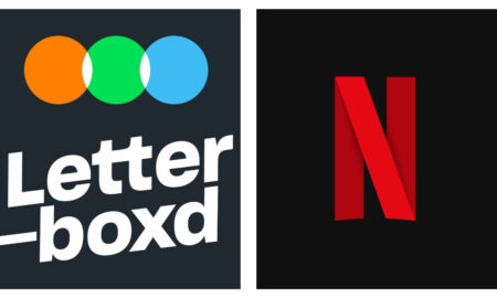 Side-by-side logos of Letterboxd and Netflix. On the left, the Letterboxd logo features orange, green, and blue overlapping circles above the white text "Letterboxd" on a dark grey background. On the right, the Netflix logo shows a large, red three-dimensional letter "N" centred on a black background.