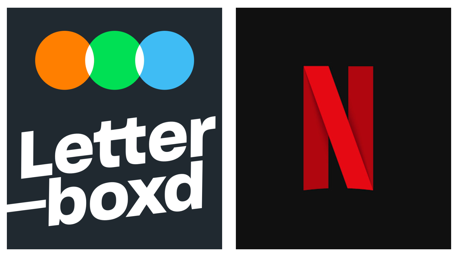 Side-by-side logos of Letterboxd and Netflix. On the left, the Letterboxd logo features orange, green, and blue overlapping circles above the white text "Letterboxd" on a dark grey background. On the right, the Netflix logo shows a large, red three-dimensional letter "N" centred on a black background.