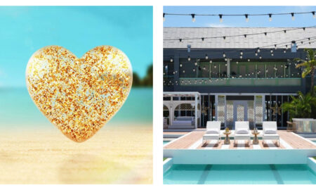 On the left, a clear heart-shaped jewel filled with gold glitter rests on sunny sand. On the right, three white sun loungers sit beside a swimming pool outside a modern villa with festoon lights.