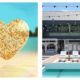 On the left, a clear heart-shaped jewel filled with gold glitter rests on sunny sand. On the right, three white sun loungers sit beside a swimming pool outside a modern villa with festoon lights.